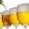 Pouring beer into four glasses with white background