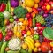 Vegetables and fruits large overhead mix group on colorful background
