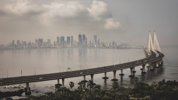 High angle shot of Bandra Worli sealink in Mumbai enveloped with fog