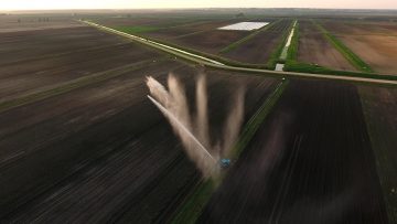 Aerial view:Irrigation system watering a farm field.