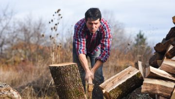 Lumberjack chopping wood for winter, Young man chopping woods with an axe
