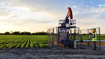 A female engineer at work on an European oil well during dusk ti