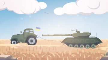 A Ukrainian farmer stole a Russian tank with a tractor. A tractor pulls a military tank across the field. Cartoon style. Vector illustration.