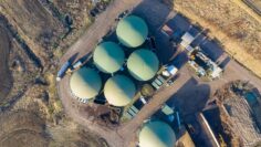 Aerial top down view over biogas plant