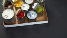 Canned beans, peas, corn, tomatos. Tin cans