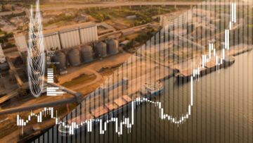 Wheat price growth chart against the background of grain port with silos and ships