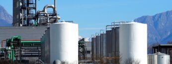 Biochemical industry plant with rows of silos in front
