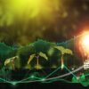 Lightbulb is located on the soil, and plant are growing with digital growth graph.  Alternative sources of energy. Green energy, eco energy concept.Renewable energy generation is essential.