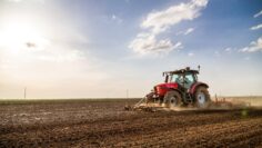 Tractor cultivating field at spring
