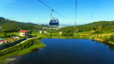 View of the Dajti Express cable car and lake in Tirana, Albania.