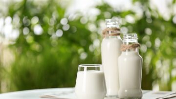 Glass and bottles of fresh milk on table outdoors