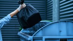 Volunteer puts plastic trash bag into the bin